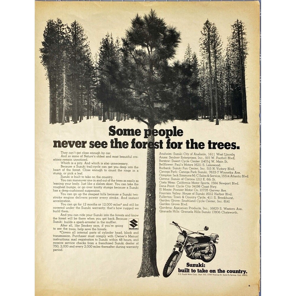 Suzuki Trail Cycle "Built to Take on the Country" Vintage Print Ad 1970